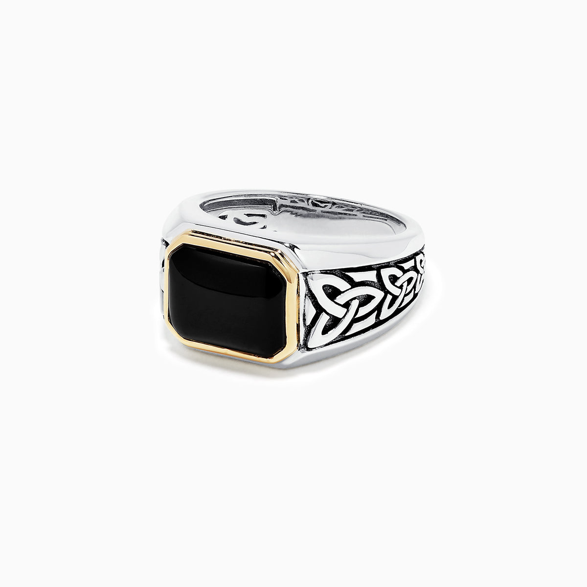 The Mens Sterling Silver and 14K Yellow Gold Onyx Ring, 3.40 TCW features a rectangular black onyx stone in a yellow gold bezel with detailed Celtic knot designs on the sides.