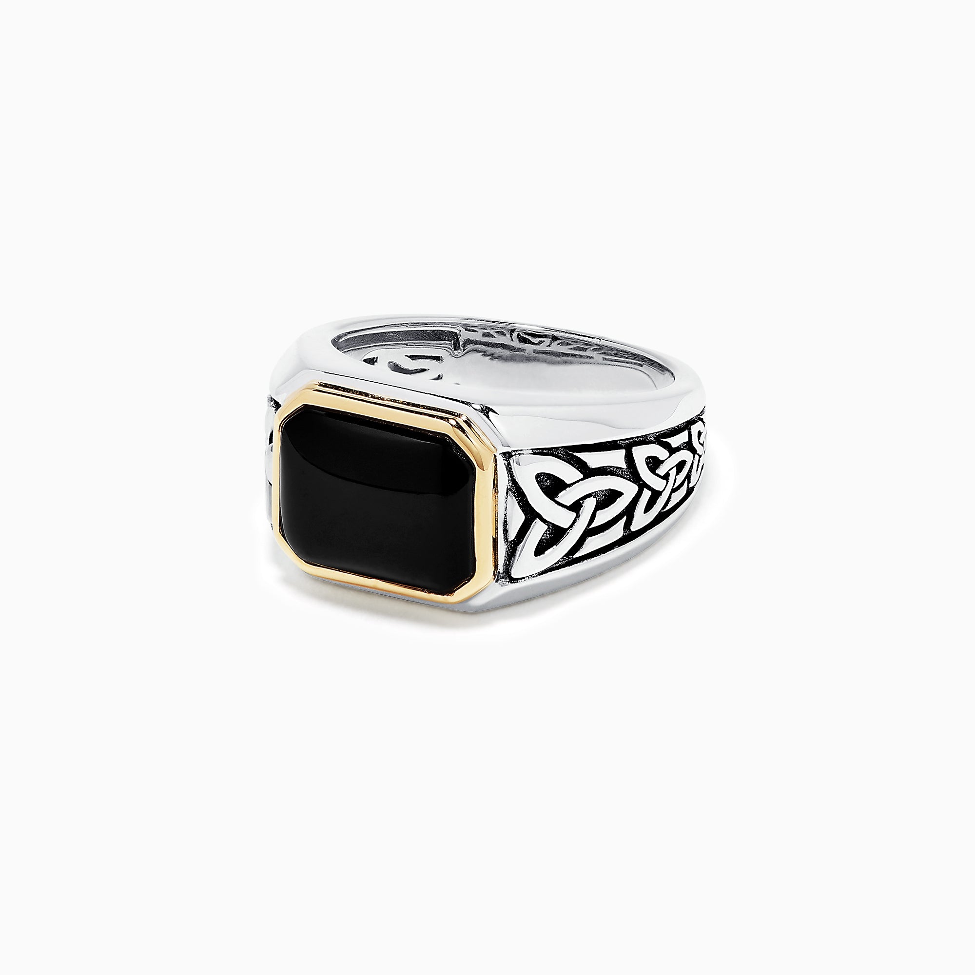 The Mens Sterling Silver and 14K Yellow Gold Onyx Ring, 3.40 TCW features a rectangular black onyx stone in a yellow gold bezel with detailed Celtic knot designs on the sides.