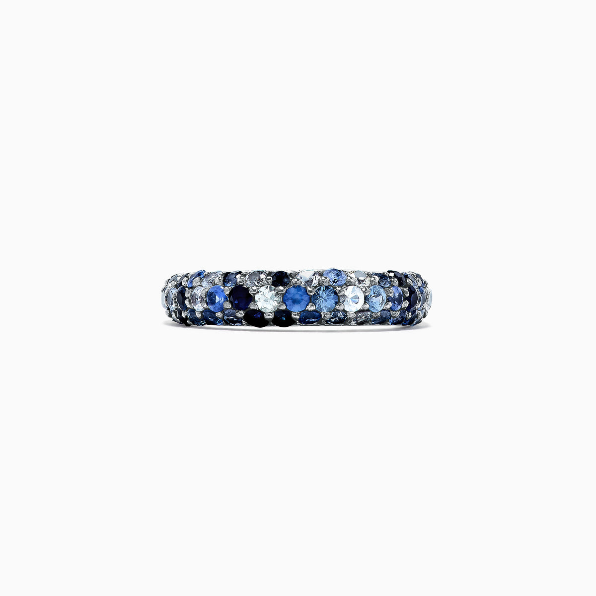 The 925 Sterling Silver Blue Sapphire Splash Ring, 1.80 TCW, features a band set with alternating light and dark blue gemstones, including blue sapphire, elegantly displayed on a plain white background.