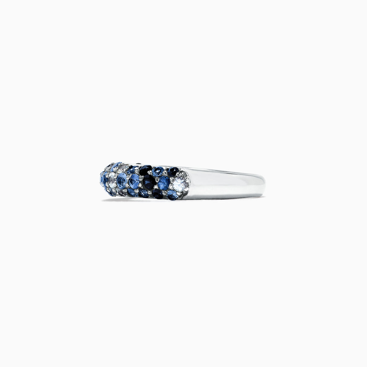 The 925 Sterling Silver Blue Sapphire Splash Ring, 1.80 TCW, features a band set with alternating light and dark blue gemstones, including blue sapphire, elegantly displayed on a plain white background.