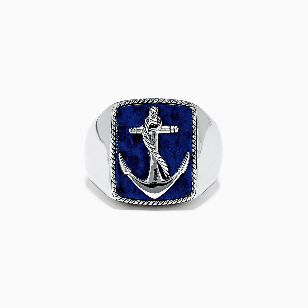 The Mens Sterling Silver Lapis Lazuli Anchor Ring, 5.90 TCW, features a raised anchor on a rectangular deep blue lapis lazuli stone with a rope-style border.