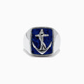 The Mens Sterling Silver Lapis Lazuli Anchor Ring, 5.90 TCW, features a raised anchor on a rectangular deep blue lapis lazuli stone with a rope-style border.