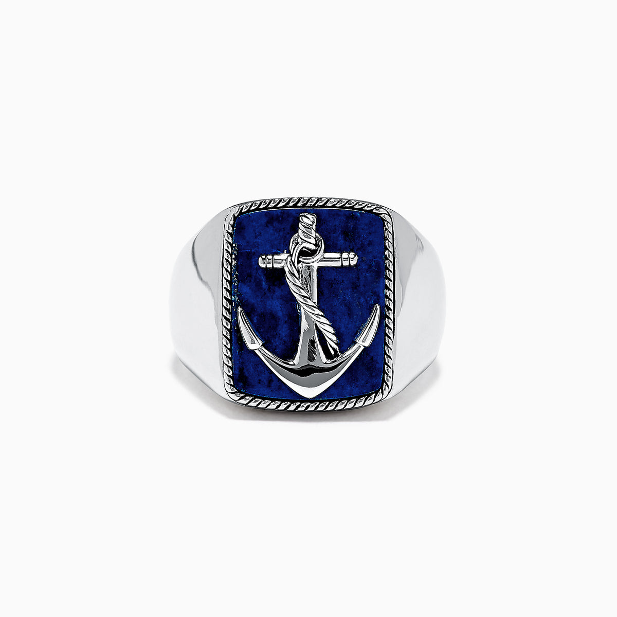 The Mens Sterling Silver Lapis Lazuli Anchor Ring, 5.90 TCW, features a raised anchor on a rectangular deep blue lapis lazuli stone with a rope-style border.