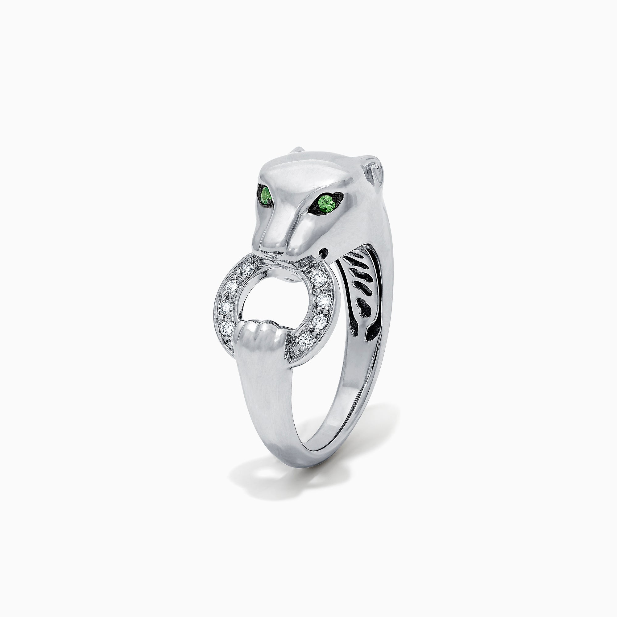 The Signature Sterling Silver Diamond and Tsavorite Panther Ring, 0.13 TCW, features green gemstone eyes and a diamond-studded ring in its mouth. Displayed on a plain white background.