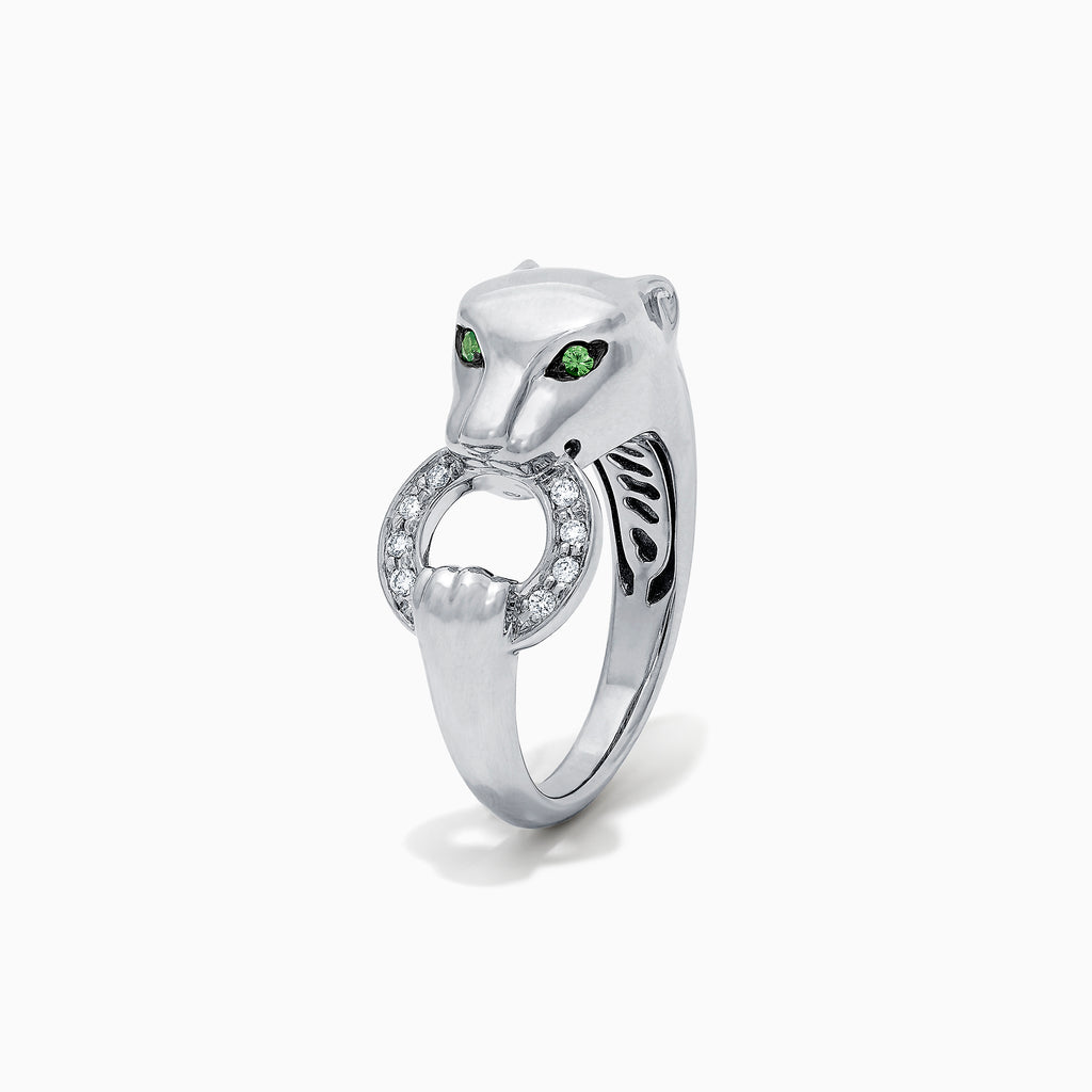 Effy Signature Sterling Silver Diamond and Tsavorite Panther Ring, 0.13 TCW