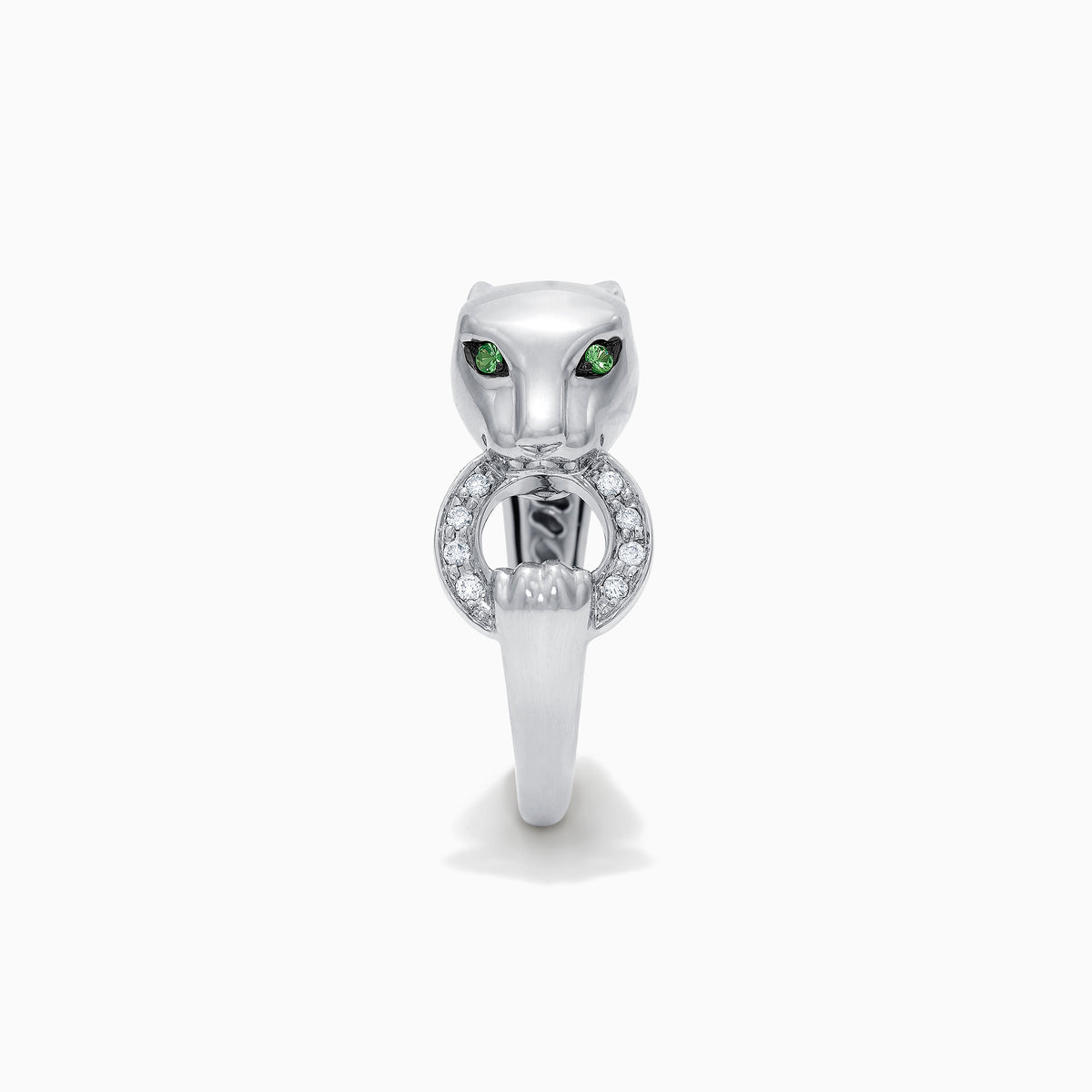 The Signature Sterling Silver Diamond and Tsavorite Panther Ring, 0.13 TCW, features green gemstone eyes and a diamond-studded ring in its mouth. Displayed on a plain white background.