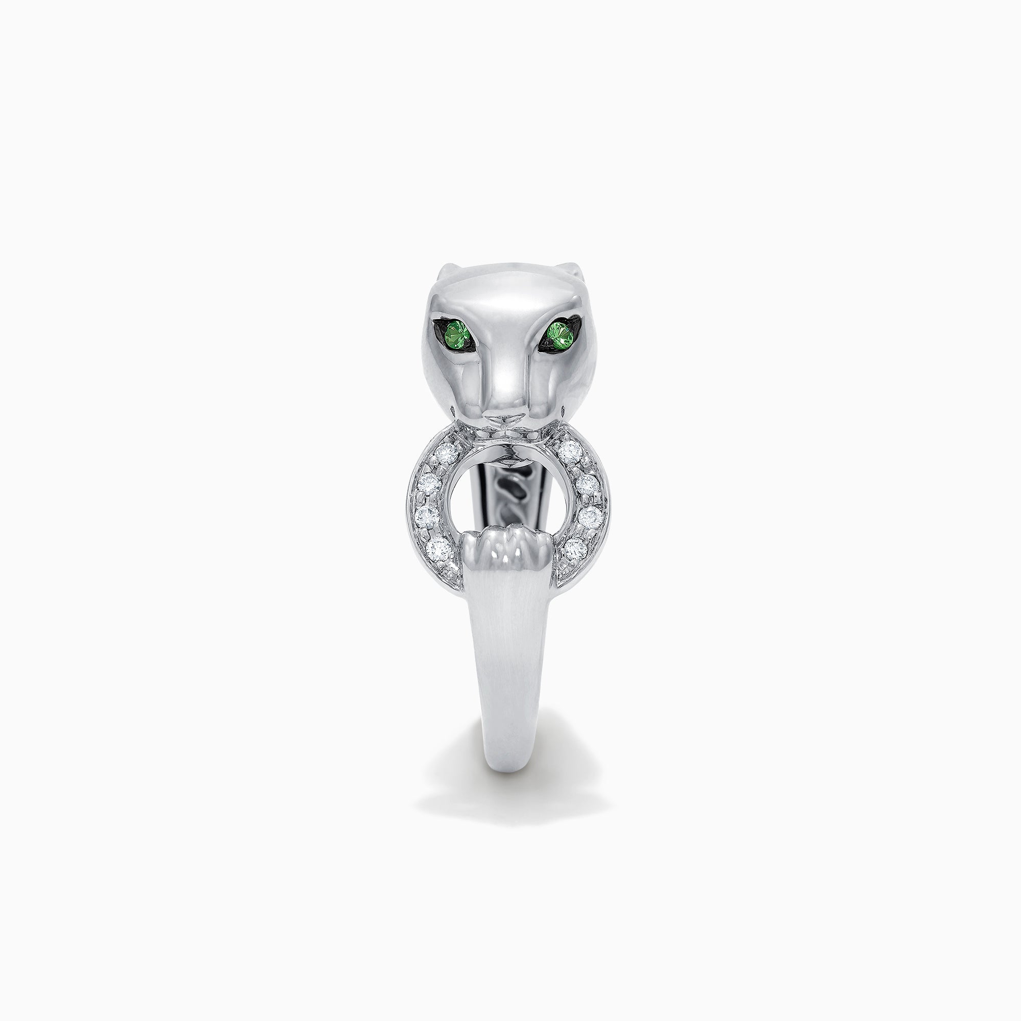 The Signature Sterling Silver Diamond and Tsavorite Panther Ring, 0.13 TCW, features green gemstone eyes and a diamond-studded ring in its mouth. Displayed on a plain white background.