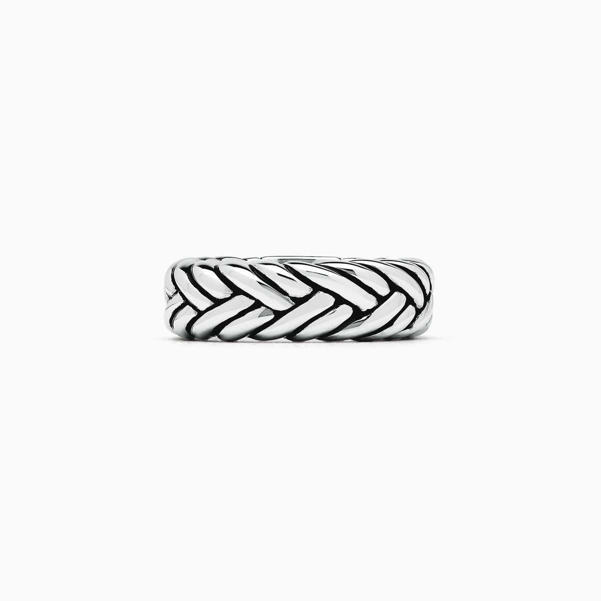 The Mens Sterling Silver Braided Ring features a bold, textured design with a braided pattern, showcased against a plain white background.