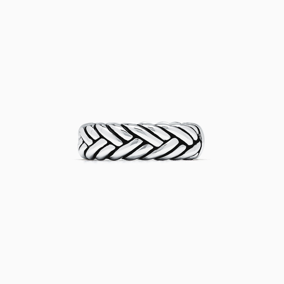 The Mens Sterling Silver Braided Ring features a bold, textured design with a braided pattern, showcased against a plain white background.