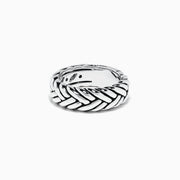 The Mens Sterling Silver Braided Ring features a bold, textured design with a braided pattern, showcased against a plain white background.