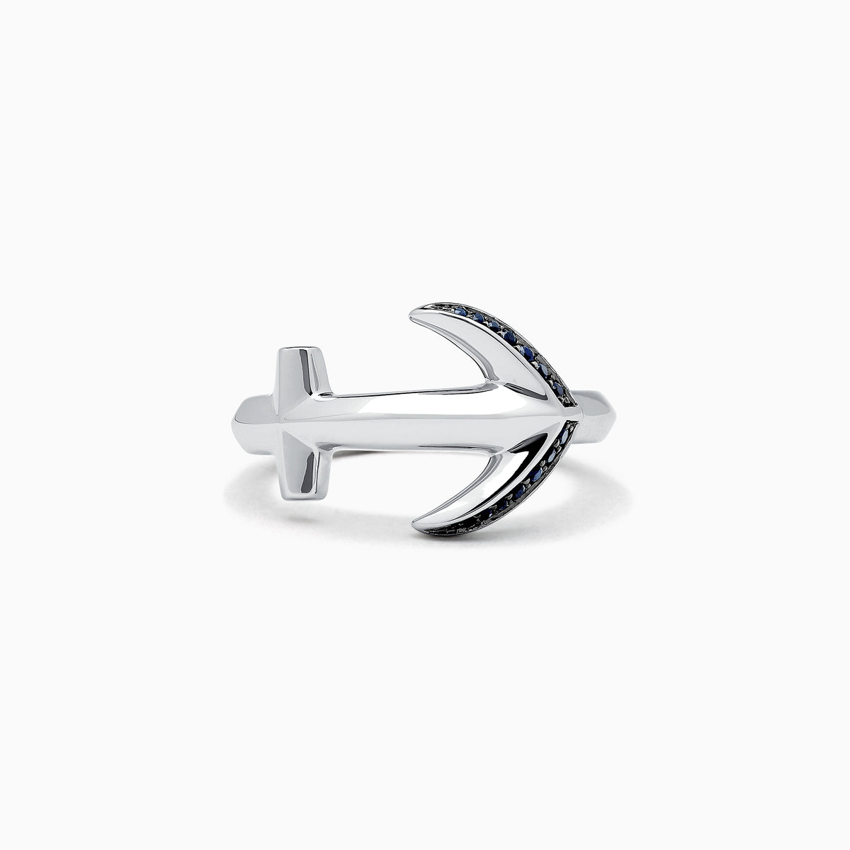 Men’s Sterling Silver and Black Sapphire Anchor Ring, 0.14 TCW, features small black sapphires on one side and is beautifully displayed on a white background.