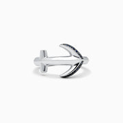 Men’s Sterling Silver and Black Sapphire Anchor Ring, 0.14 TCW, features small black sapphires on one side and is beautifully displayed on a white background.