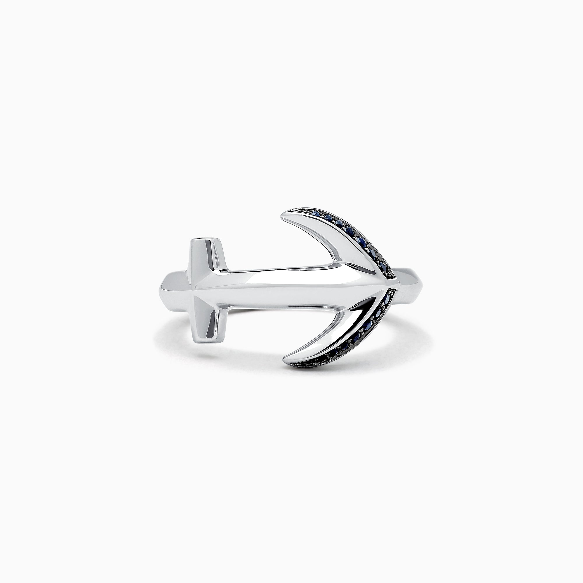 Men’s Sterling Silver and Black Sapphire Anchor Ring, 0.14 TCW, features small black sapphires on one side and is beautifully displayed on a white background.