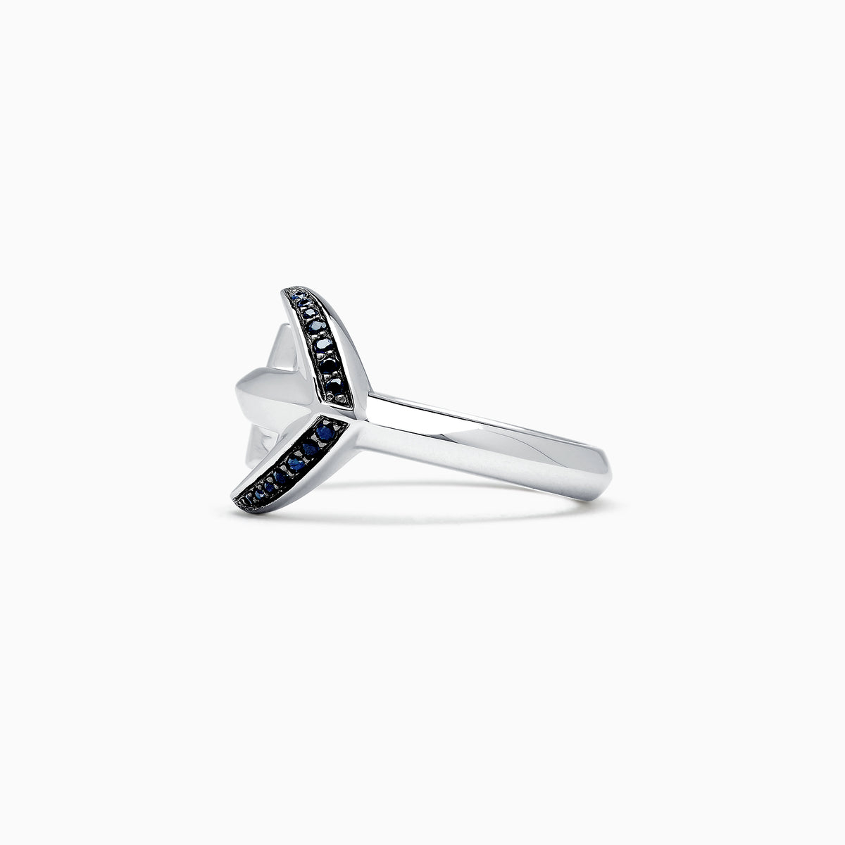 Men’s Sterling Silver and Black Sapphire Anchor Ring, 0.14 TCW, features small black sapphires on one side and is beautifully displayed on a white background.