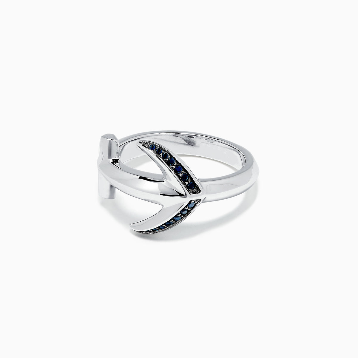 Men’s Sterling Silver and Black Sapphire Anchor Ring, 0.14 TCW, features small black sapphires on one side and is beautifully displayed on a white background.