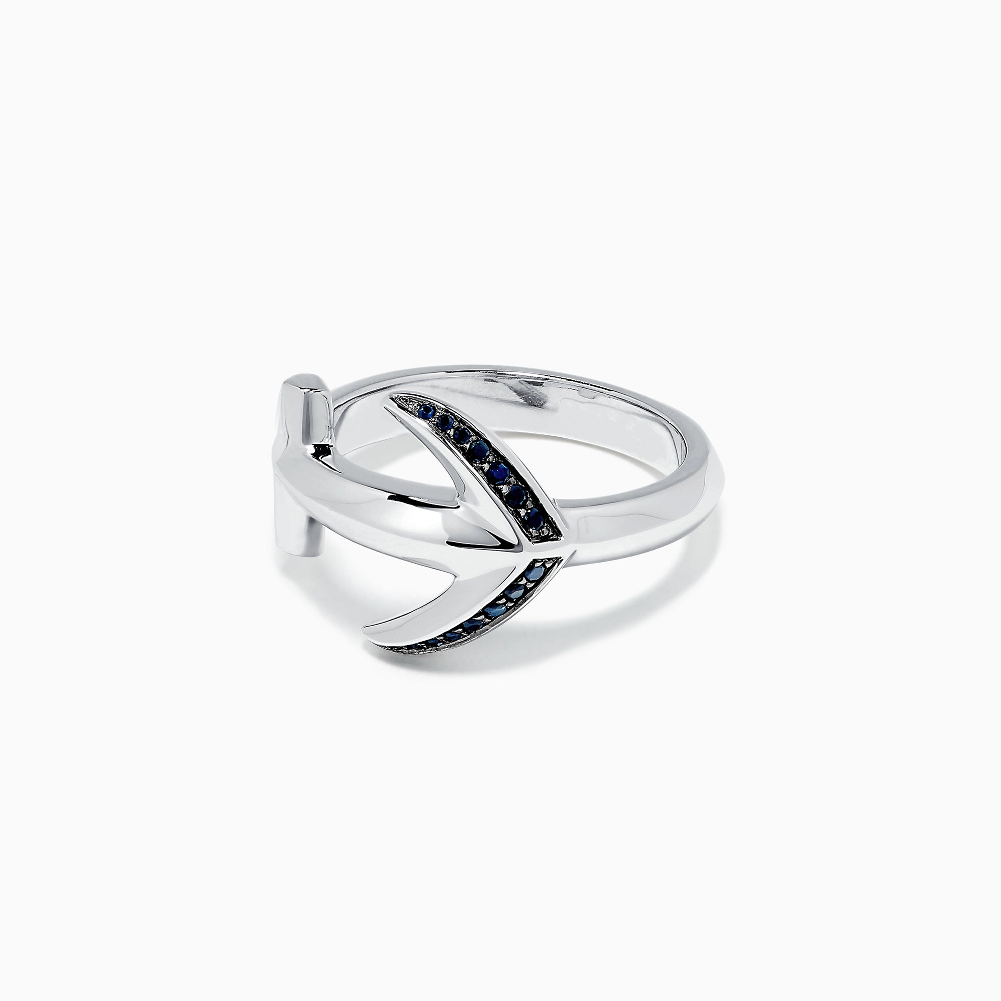 Men’s Sterling Silver and Black Sapphire Anchor Ring, 0.14 TCW, features small black sapphires on one side and is beautifully displayed on a white background.