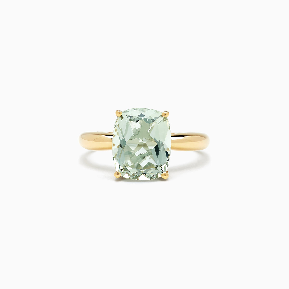 The 14K Yellow Gold Green Amethyst Ring features a 3.95 TCW rectangular cushion-cut gemstone set in a simple four-prong setting, shown against a white background.