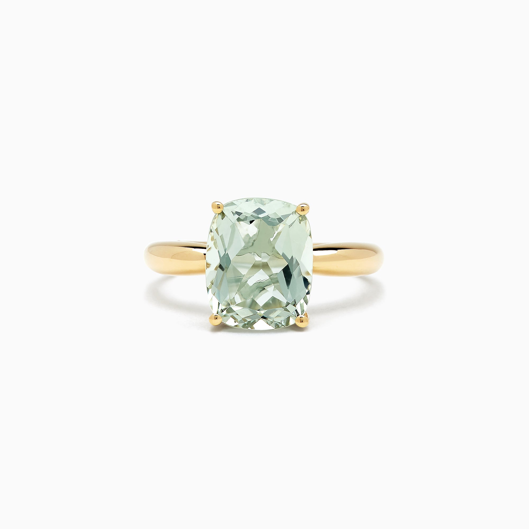 The 14K Yellow Gold Green Amethyst Ring features a 3.95 TCW rectangular cushion-cut gemstone set in a simple four-prong setting, shown against a white background.