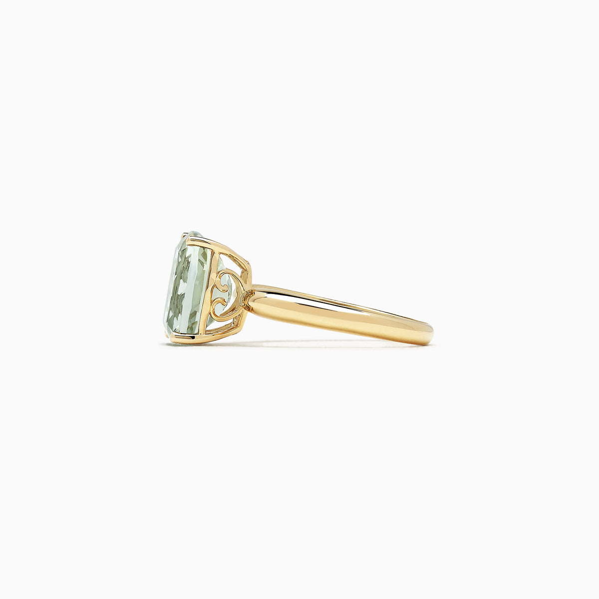 The 14K Yellow Gold Green Amethyst Ring features a 3.95 TCW rectangular cushion-cut gemstone set in a simple four-prong setting, shown against a white background.