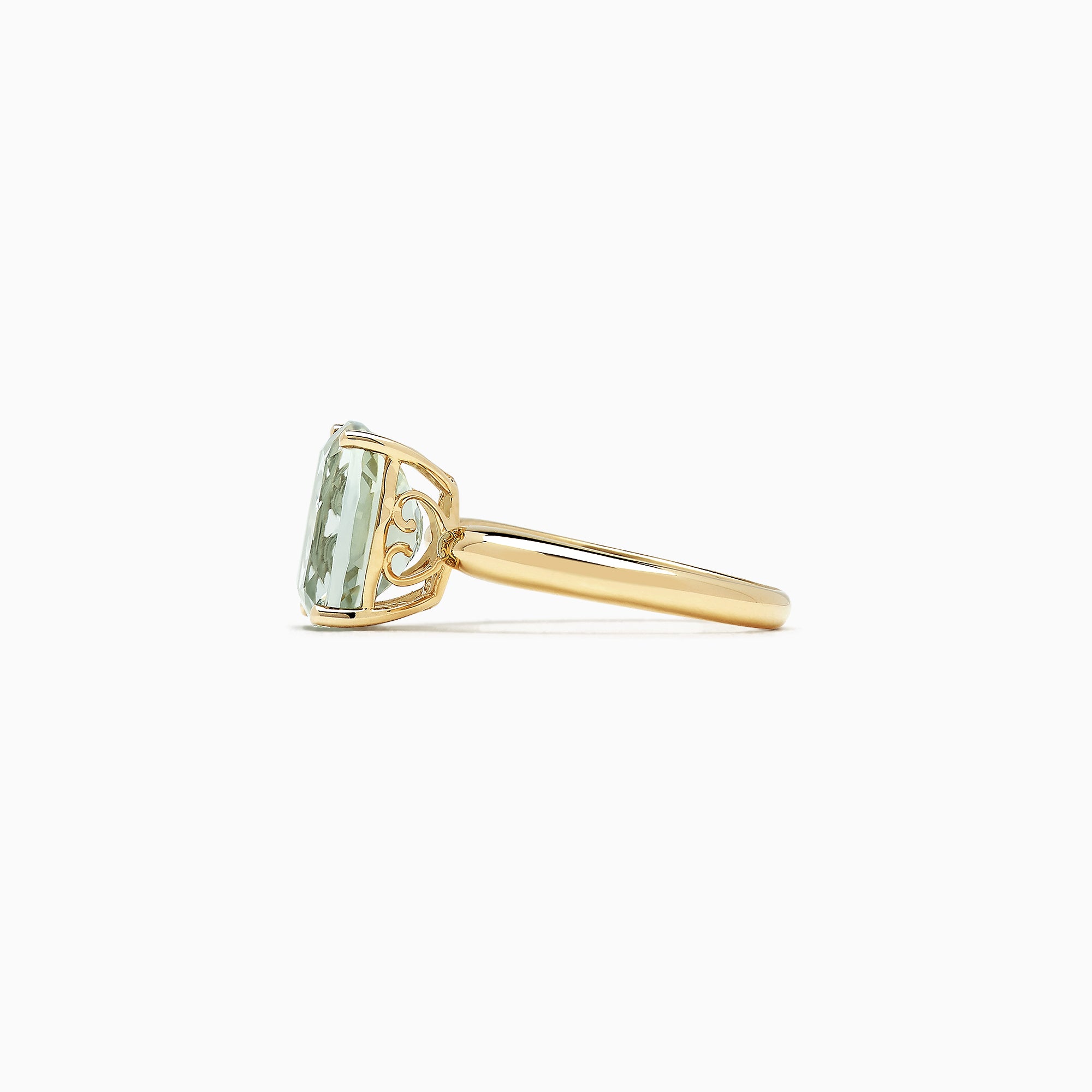 The 14K Yellow Gold Green Amethyst Ring features a 3.95 TCW rectangular cushion-cut gemstone set in a simple four-prong setting, shown against a white background.