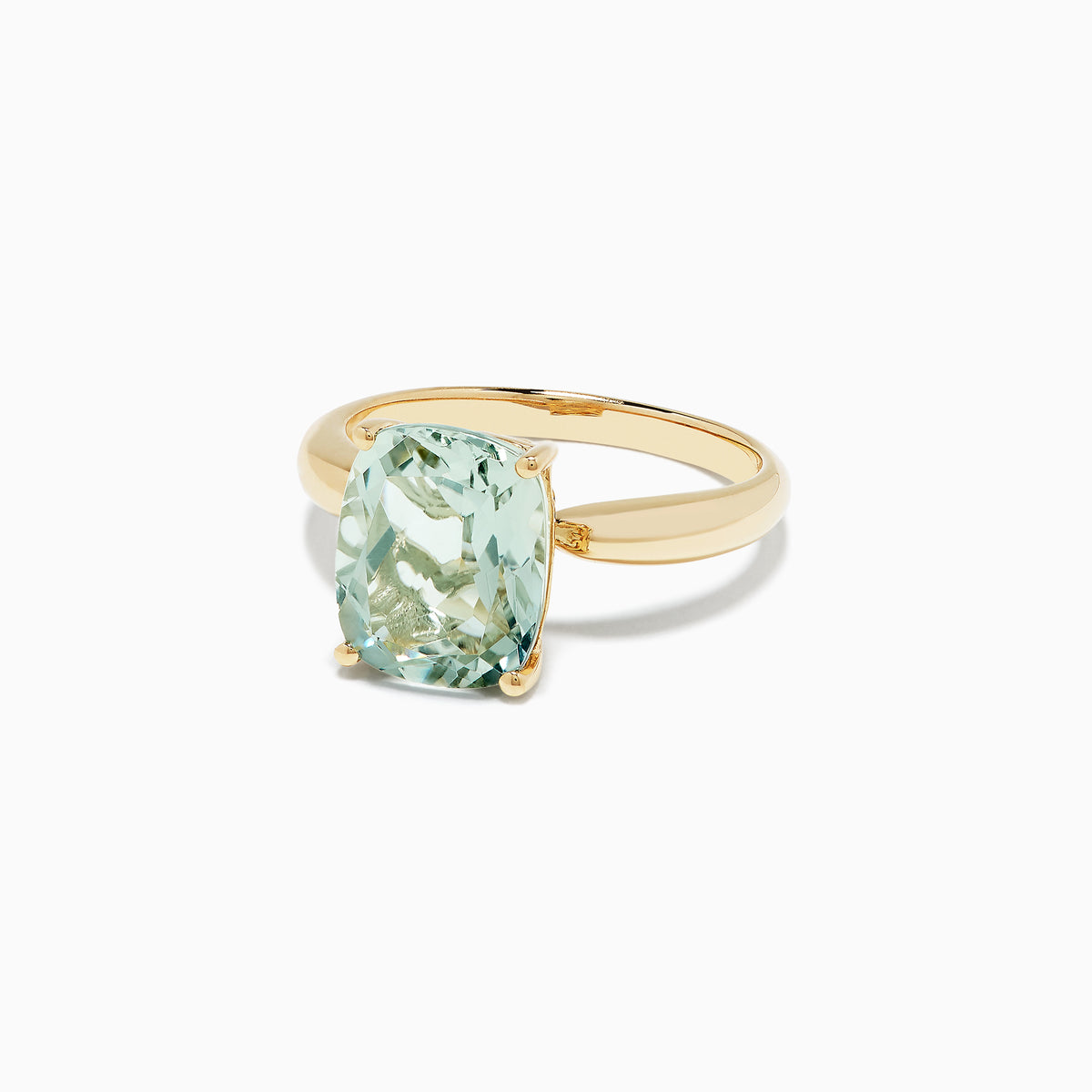 The 14K Yellow Gold Green Amethyst Ring features a 3.95 TCW rectangular cushion-cut gemstone set in a simple four-prong setting, shown against a white background.