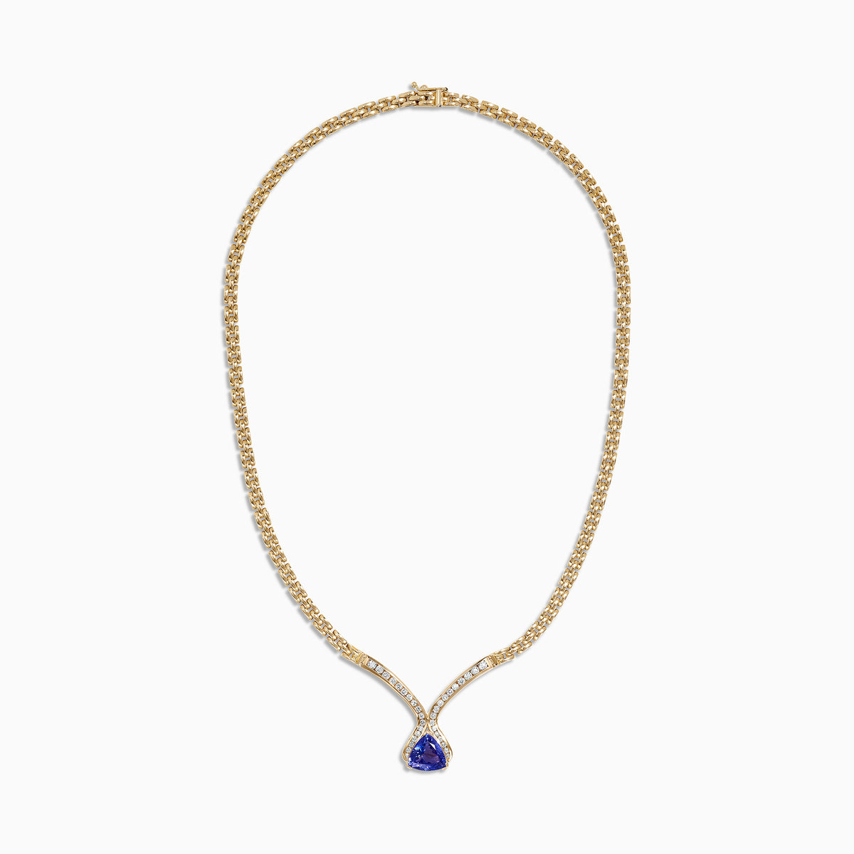 The Nahla Siri 14K Yellow Gold Tanzanite and Diamond Necklace (3.66 TCW) features a teardrop tanzanite pendant encircled by diamonds, with additional diamonds set along the chain for an elegant touch.