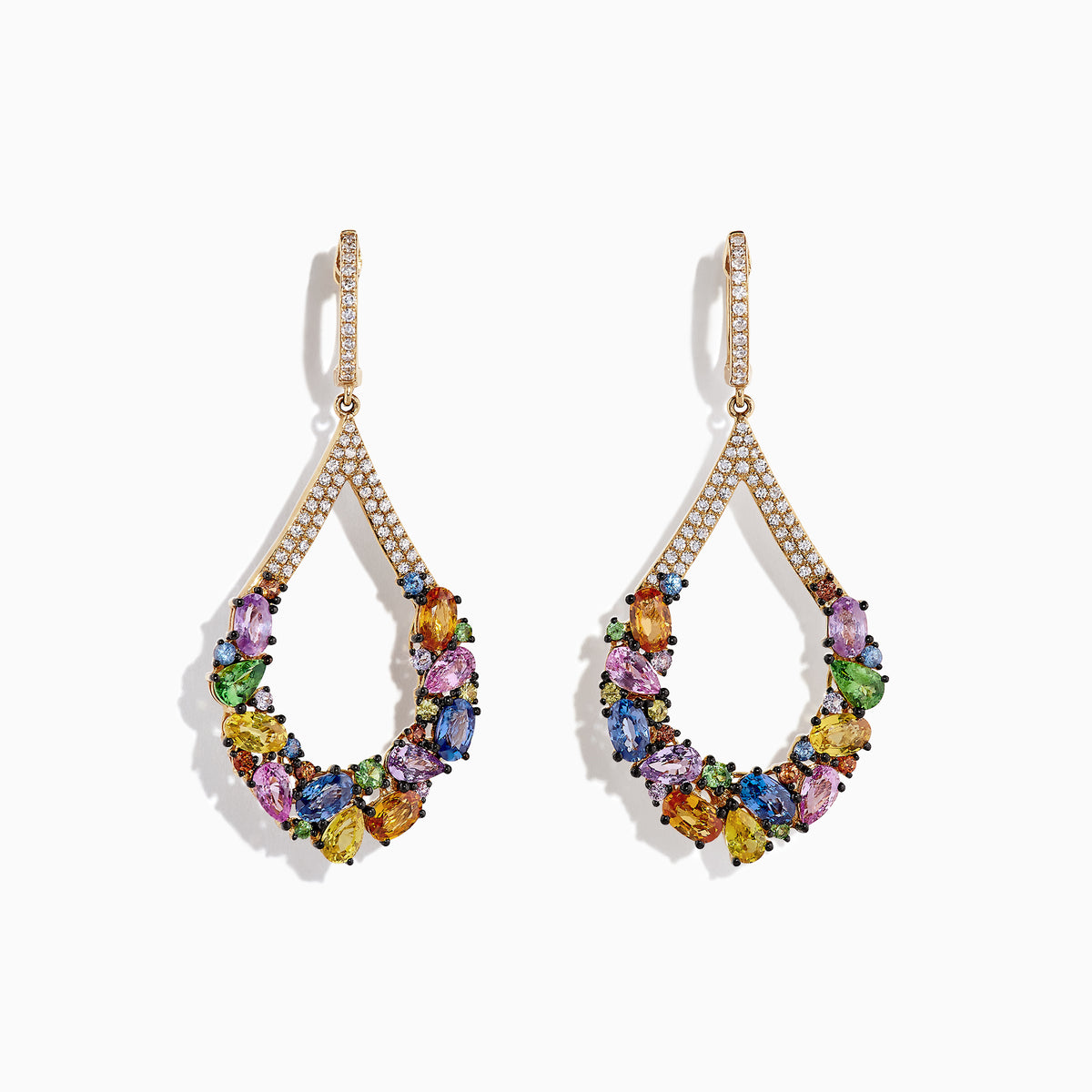 Watercolors 14K Yellow Gold Sapphire and Diamond Earrings, 7.56 CW, feature teardrop shapes with multicolored sapphires and small diamonds on the curves and hooks, shown against a white background.