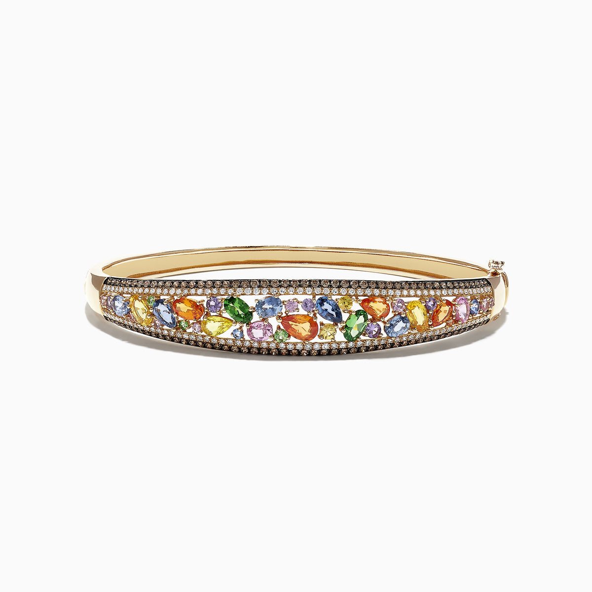 The Watercolors 14K Yellow Gold Multi Sapphire & Diamond Bangle, 6.02 TCW, features a row of multicolored sapphires in various shapes, edged with sparkling round diamonds for a vibrant and elegant look.