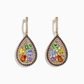 The Watercolors 14K Yellow Gold Multi Sapphire & Diamond Earrings, 5.13 TCW, feature teardrop shapes with green, yellow, purple, and orange sapphires accented by small diamonds and a diamond-studded hook on a white background.