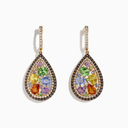 The Watercolors 14K Yellow Gold Multi Sapphire & Diamond Earrings, 5.13 TCW, feature teardrop shapes with green, yellow, purple, and orange sapphires accented by small diamonds and a diamond-studded hook on a white background.