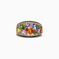 The Watercolors 14K Yellow Gold Multi Sapphire & Diamond Ring, 4.00 TCW, showcases sapphires in assorted shapes and sizes with a diamond border, beautifully displayed on a white background.