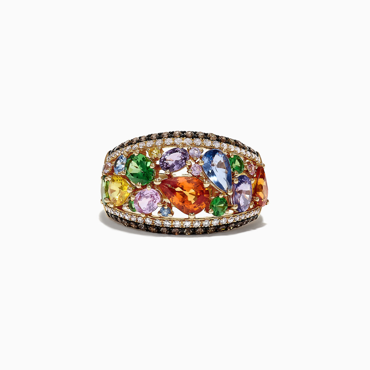 The Watercolors 14K Yellow Gold Multi Sapphire & Diamond Ring, 4.00 TCW, showcases sapphires in assorted shapes and sizes with a diamond border, beautifully displayed on a white background.