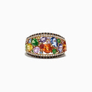 The Watercolors 14K Yellow Gold Multi Sapphire & Diamond Ring, 4.00 TCW, showcases sapphires in assorted shapes and sizes with a diamond border, beautifully displayed on a white background.