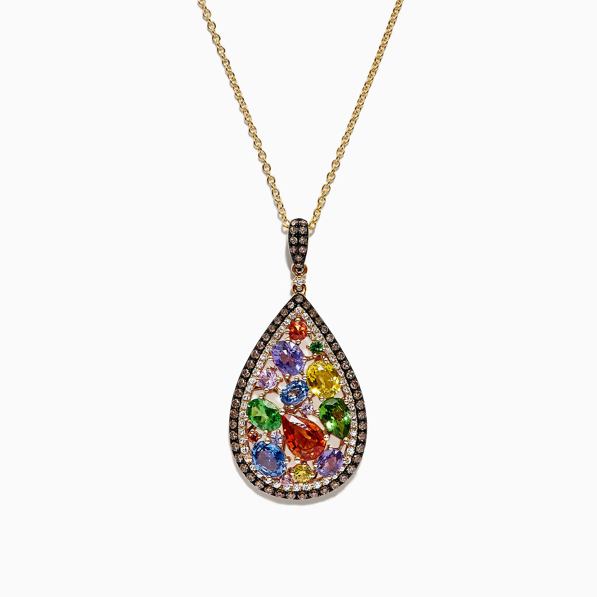 The Watercolors 14K Yellow Gold Multi Sapphire & Diamond Pendant, 4.21 TCW, features vibrant sapphires in various shapes and a sparkling diamond border, set in a teardrop design on a gold chain.