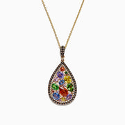 The Watercolors 14K Yellow Gold Multi Sapphire & Diamond Pendant, 4.21 TCW, features vibrant sapphires in various shapes and a sparkling diamond border, set in a teardrop design on a gold chain.