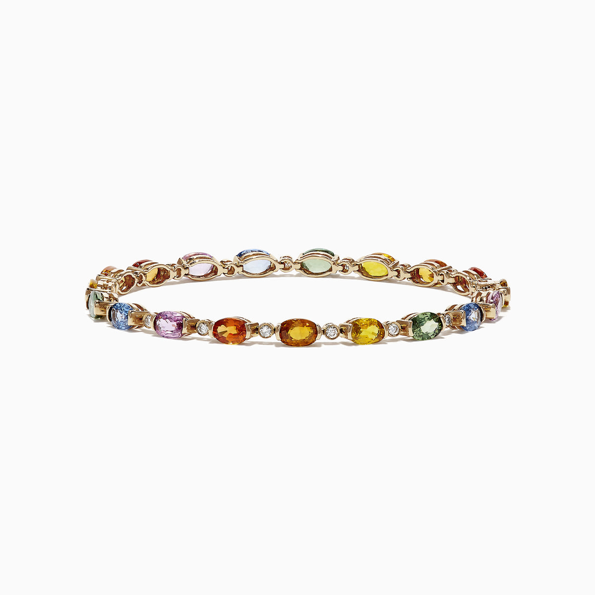 The Watercolors 14K Yellow Gold Sapphire and Diamond Bracelet, 11.20 TCW, features oval sapphires and gemstones in blue, green, yellow, orange, pink, and red evenly spaced around a delicate gold band.