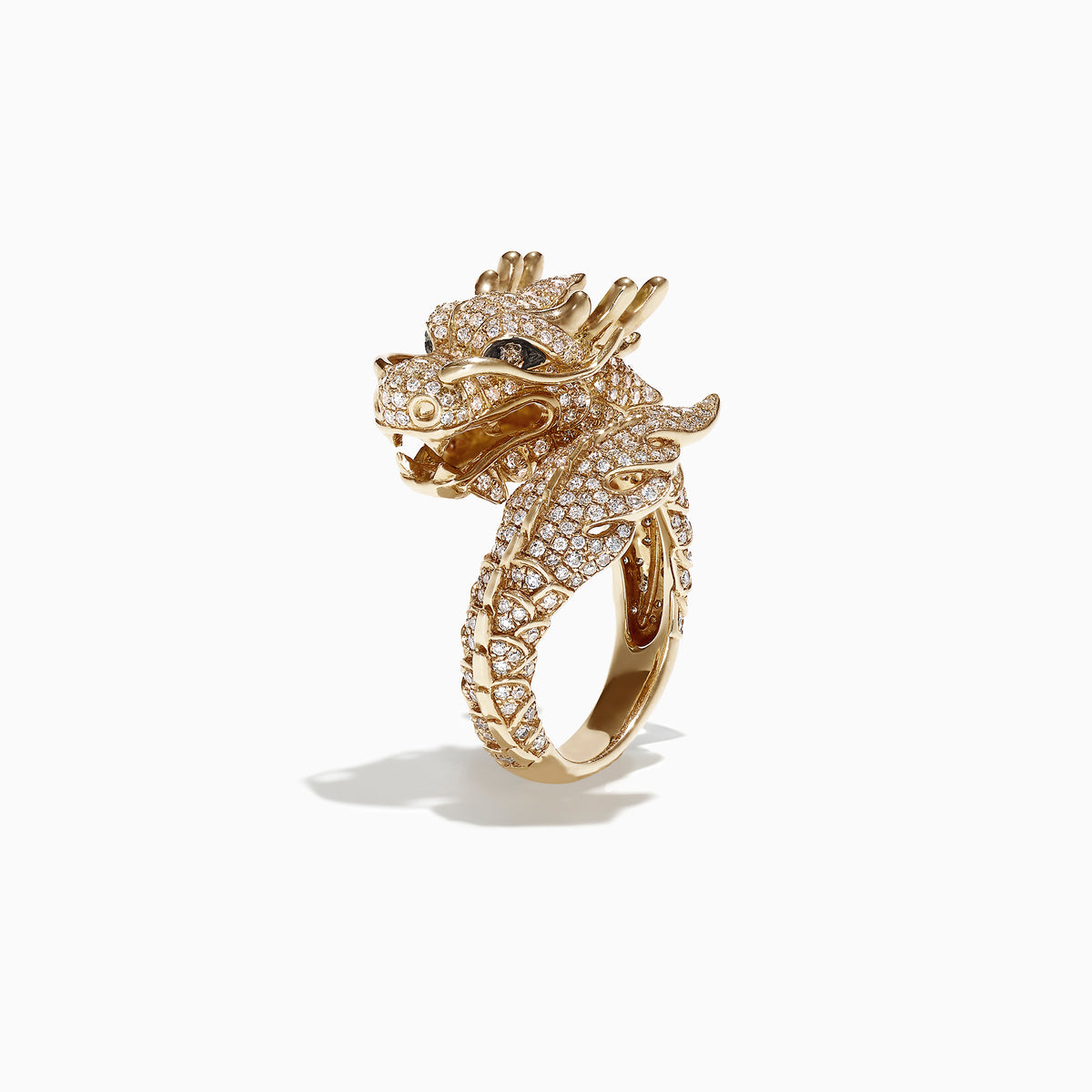 The Safari 14K Yellow Gold Diamond Dragon Ring, 1.42 TCW, featuring detailed dragon elements and sparkling diamonds, stands upright on a white background.