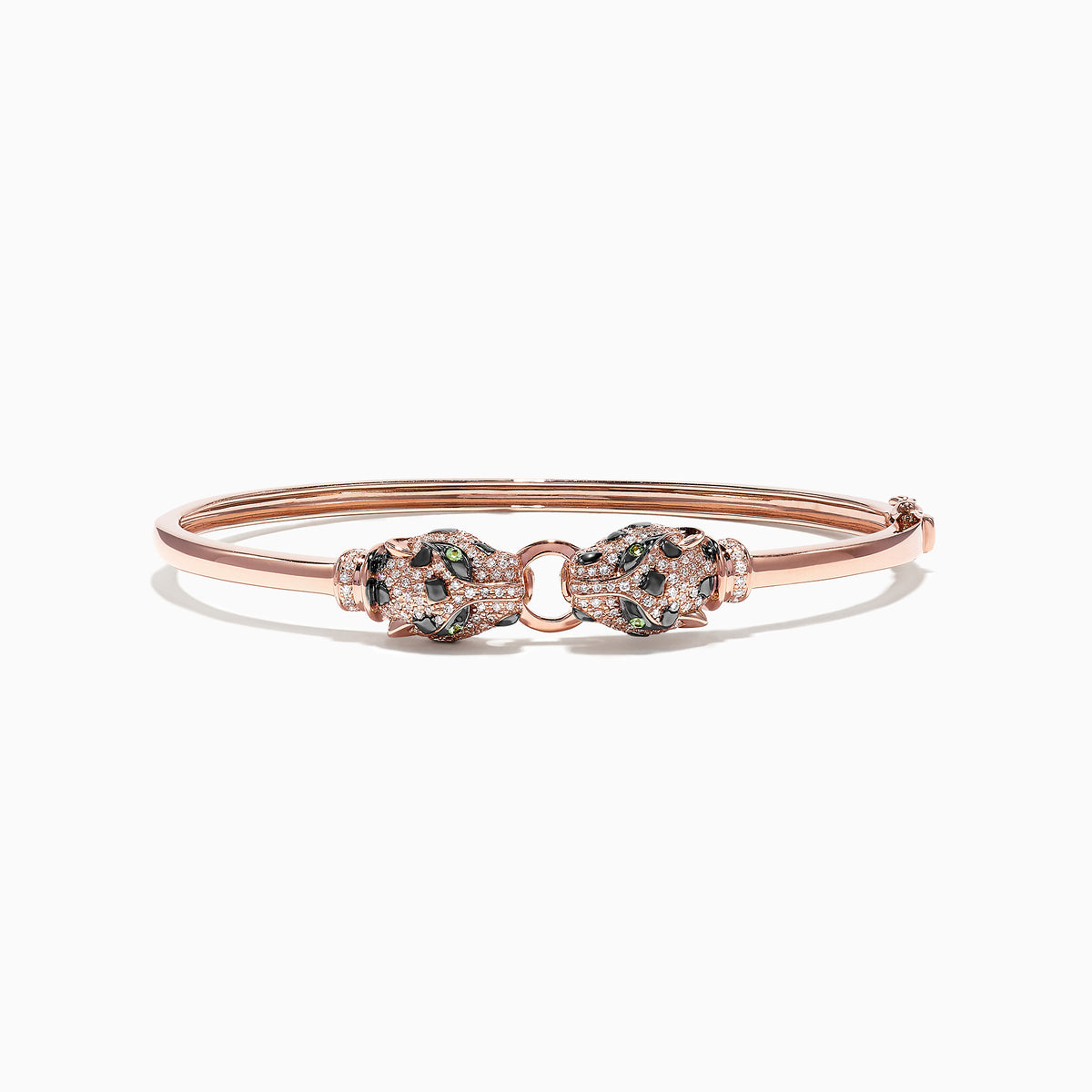 The Signature 14K Rose Gold Diamond and Tsavorite Bangle, 0.79 TCW, features two intricately detailed animal heads facing each other with sparkling green tsavorites and diamonds.