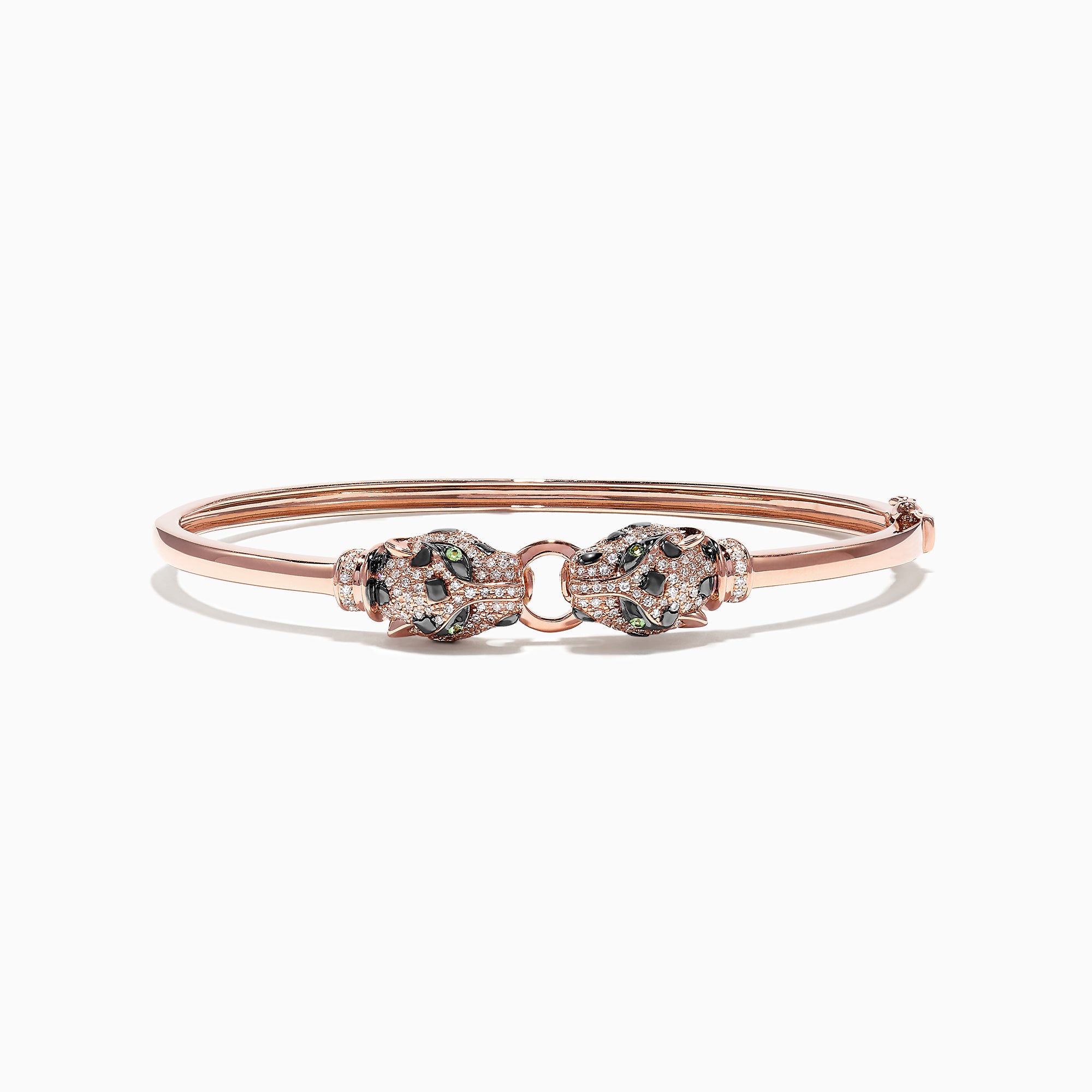 The Signature 14K Rose Gold Diamond and Tsavorite Bangle, 0.79 TCW, features two intricately detailed animal heads facing each other with sparkling green tsavorites and diamonds.