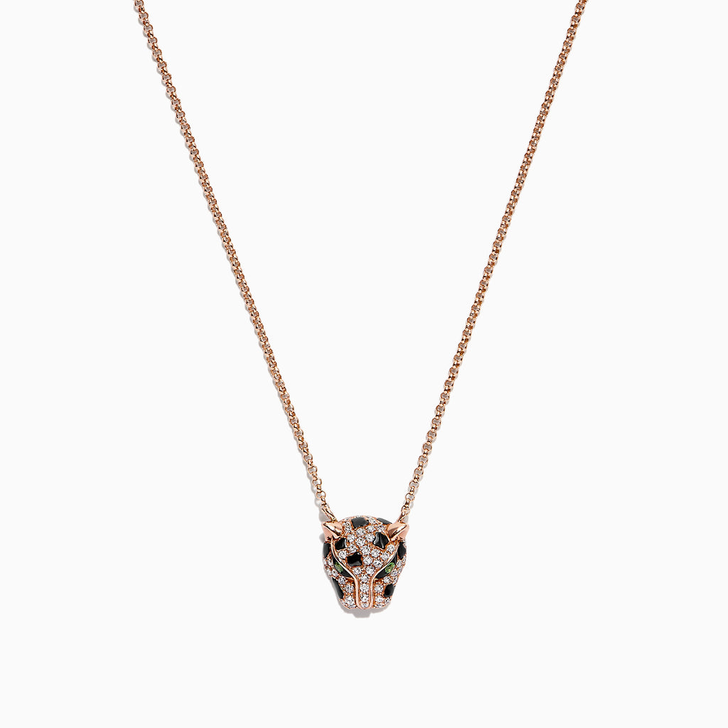 The Signature 14K Rose Gold Diamond and Tsavorite Garnet Mini Pendant, 0.18 TCW, features a panther’s head with diamond accents and tsavorite garnet eyes, shown against a white background.