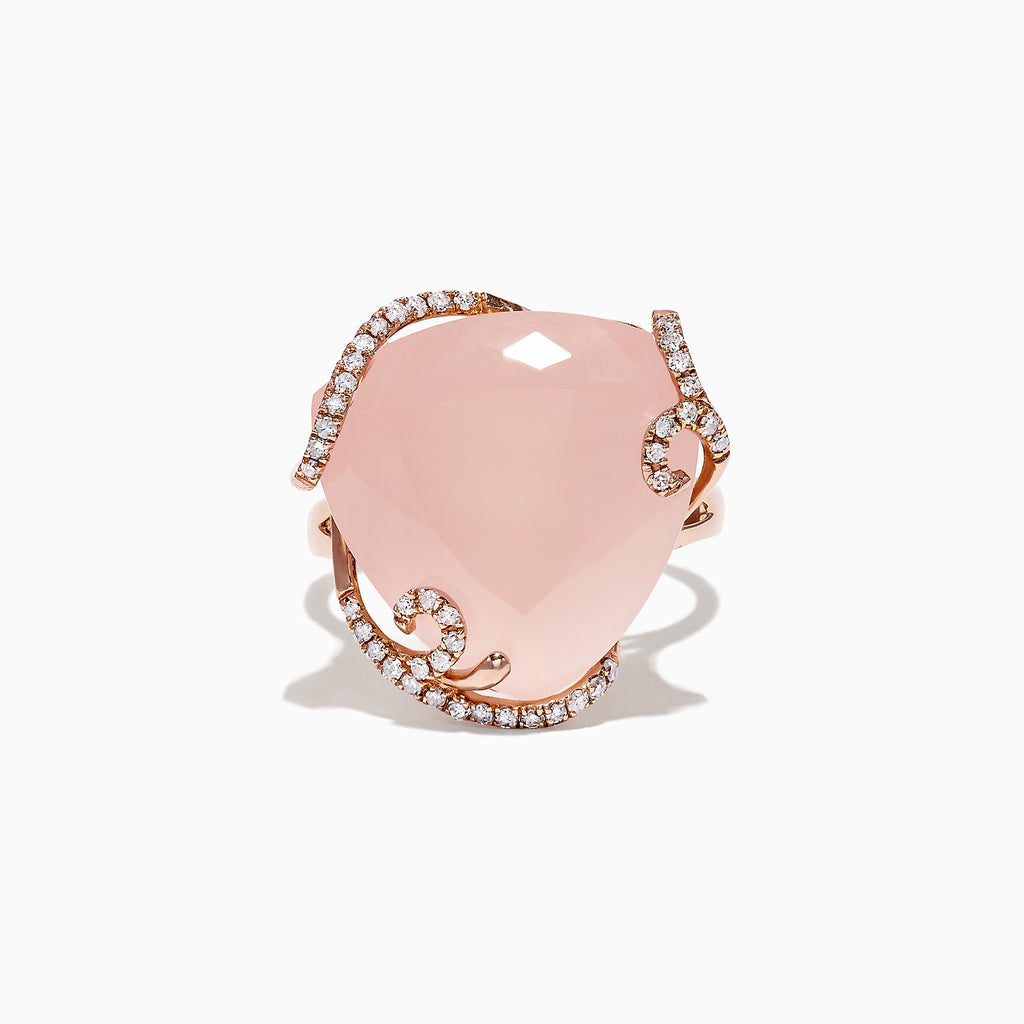 The 14K Rose Gold Diamond and Rose Quartz Ring, 16.45 TCW, features a large faceted rose quartz accented with swirling bands of sparkling diamonds for an elegant look.