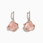 A pair of 14K rose gold earrings featuring large rose quartz gemstones (13.05 TCW) and sparkling diamond accents on the hooks and settings, displayed against a white background.