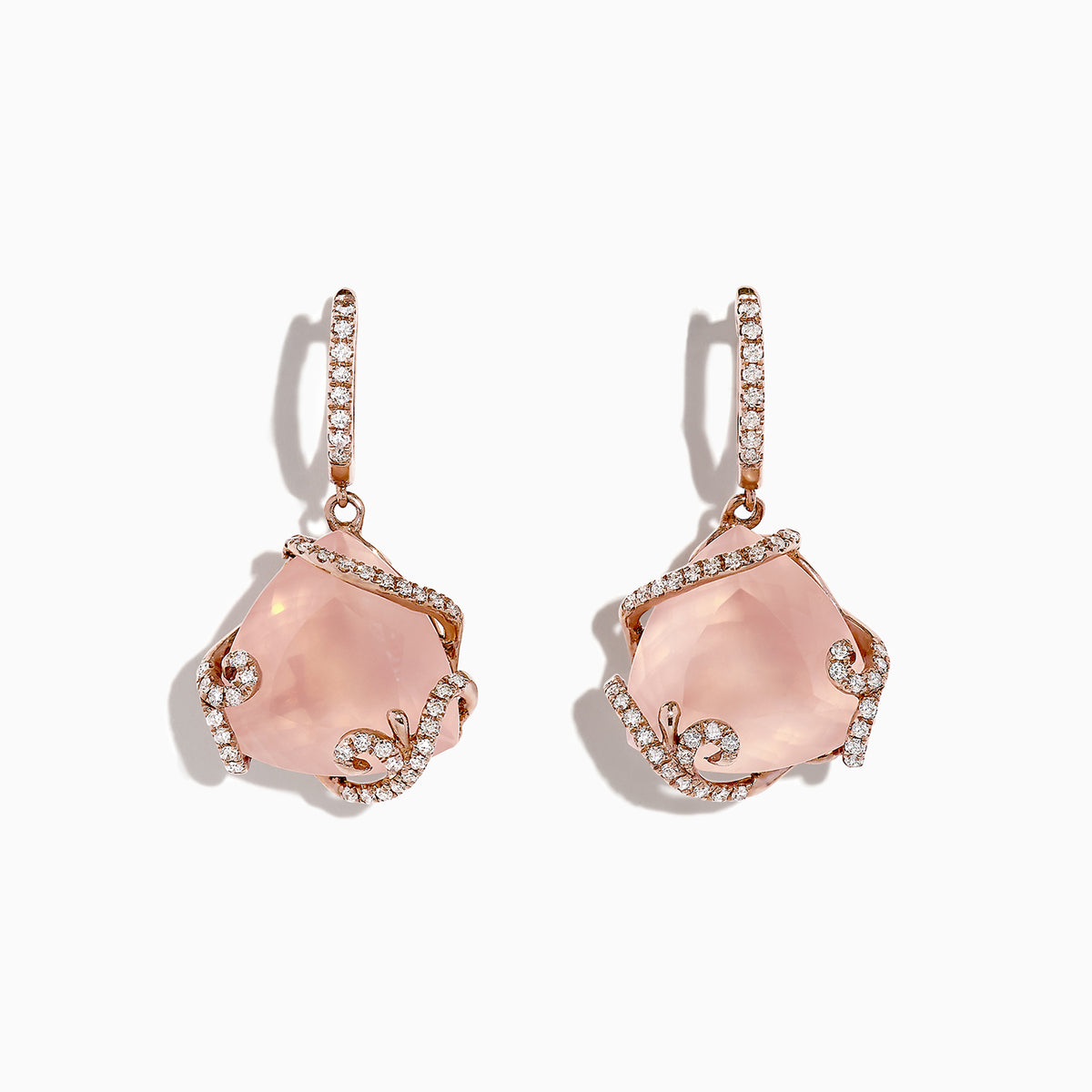 A pair of 14K rose gold earrings featuring large rose quartz gemstones (13.05 TCW) and sparkling diamond accents on the hooks and settings, displayed against a white background.