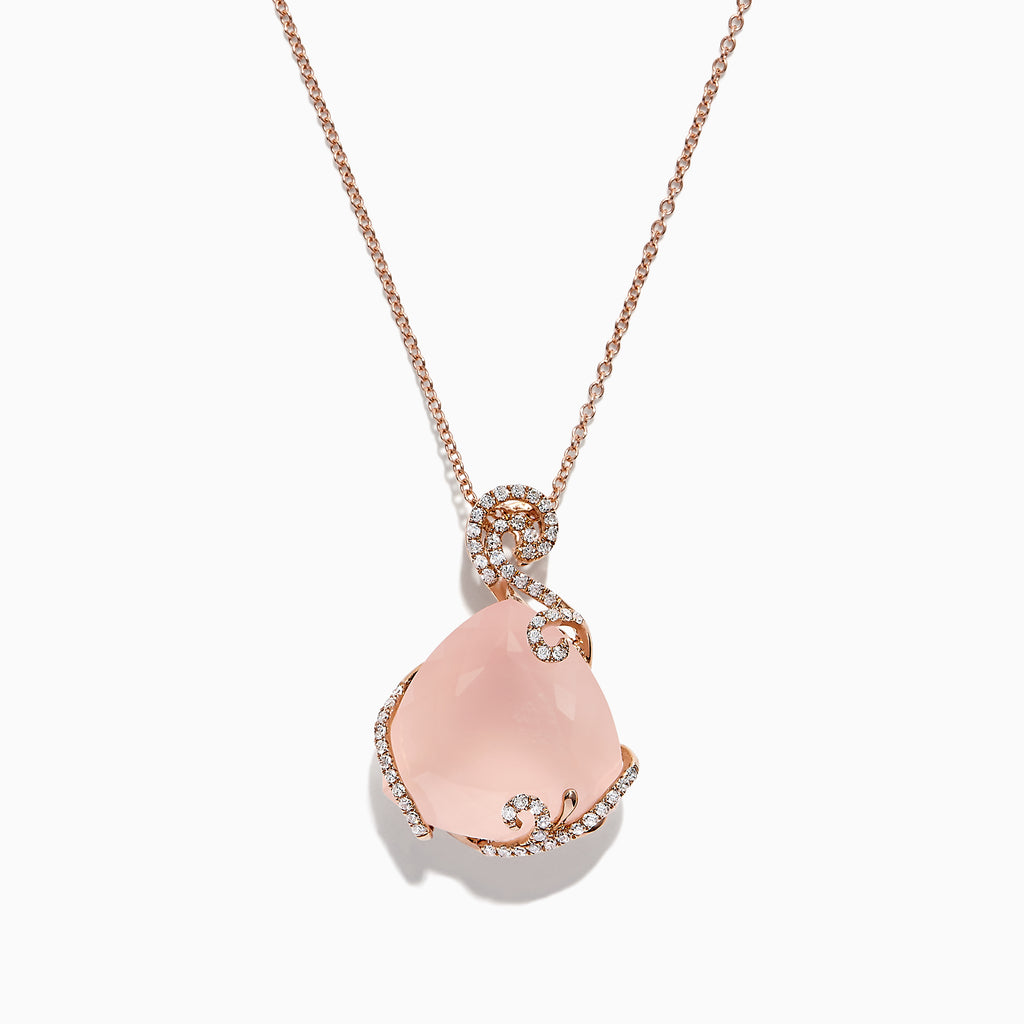 A 14K rose gold necklace features a large, teardrop-shaped rose quartz pendant (16.18 TCW) accented with diamonds, elegantly displayed against a white background.
