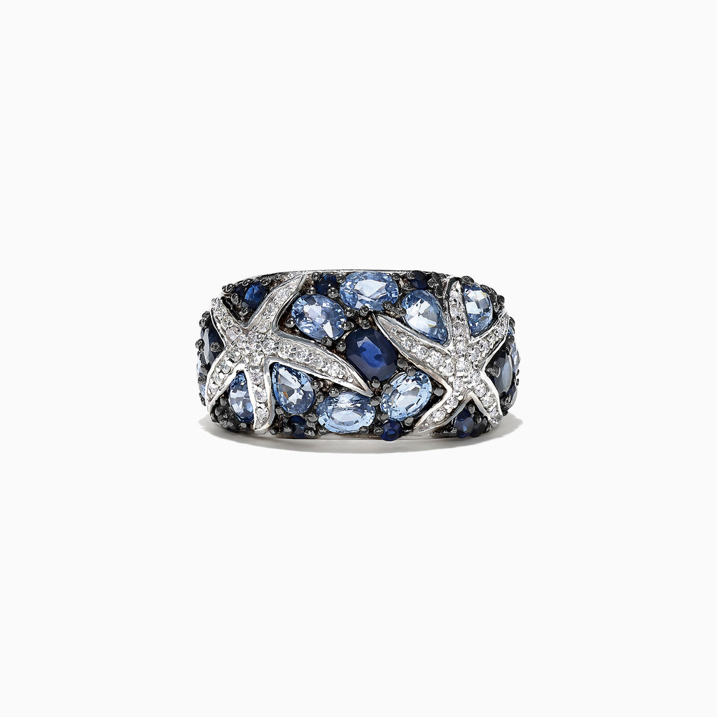 The Seaside 14K White Gold Sapphire & Diamond Starfish Ring, 3.71 TCW, features multiple sparkling starfish designs set with sapphires and diamonds for a radiant seaside-inspired look.