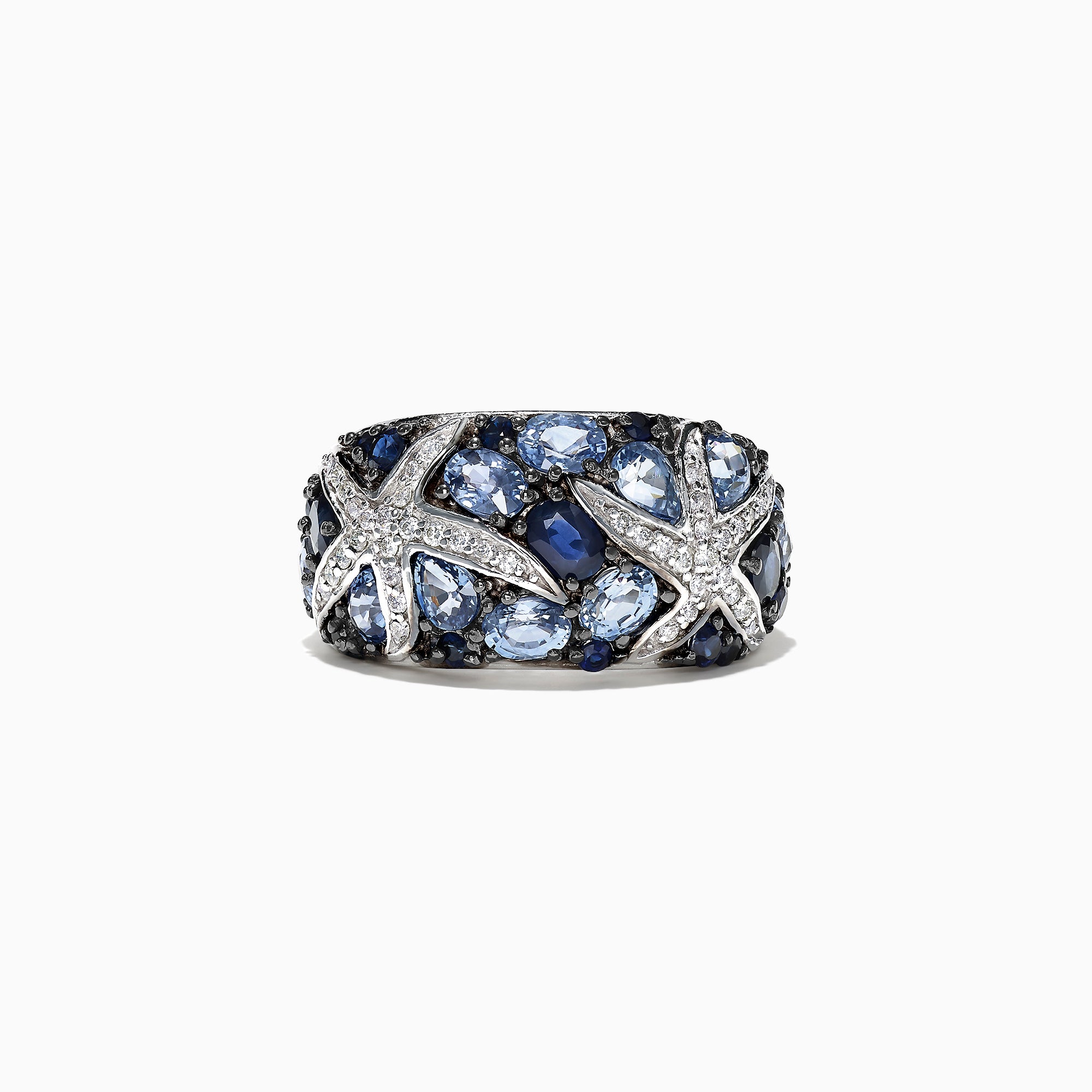 The Seaside 14K White Gold Sapphire & Diamond Starfish Ring, 3.71 TCW, features multiple sparkling starfish designs set with sapphires and diamonds for a radiant seaside-inspired look.
