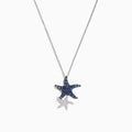 The Seaside 14K White Gold Blue Sapphire & Diamond Starfish Pendant features two starfish—one larger with blue sapphires and one smaller with diamonds—displayed against a white background.