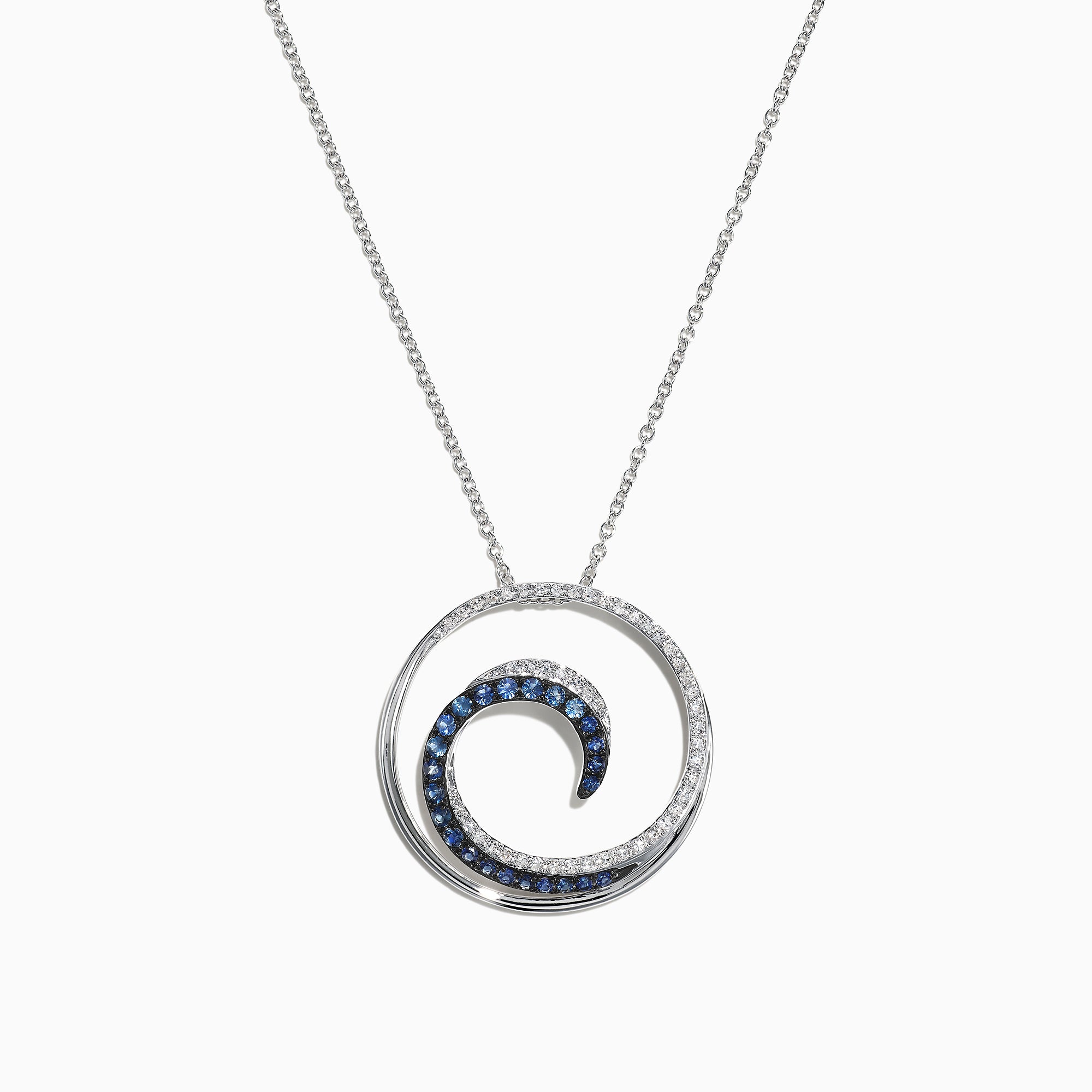 Royale Bleu 14K White Gold Sapphire & Diamond Wave Pendant (0.49 TCW) features a circular design with sapphire and diamond accents on a fine chain, showcased against a white background.