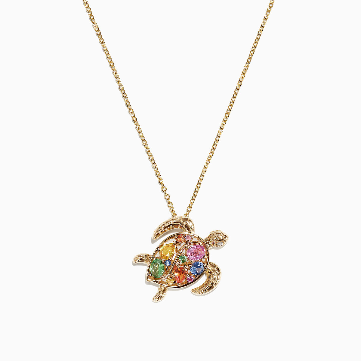 The Watercolors 14K Gold Sapphire & Diamond Turtle Pendant (0.99 TCW) features a gold turtle with a colorful gemstone shell and sparkling sapphire, suspended from a delicate gold chain, shown against a white background.