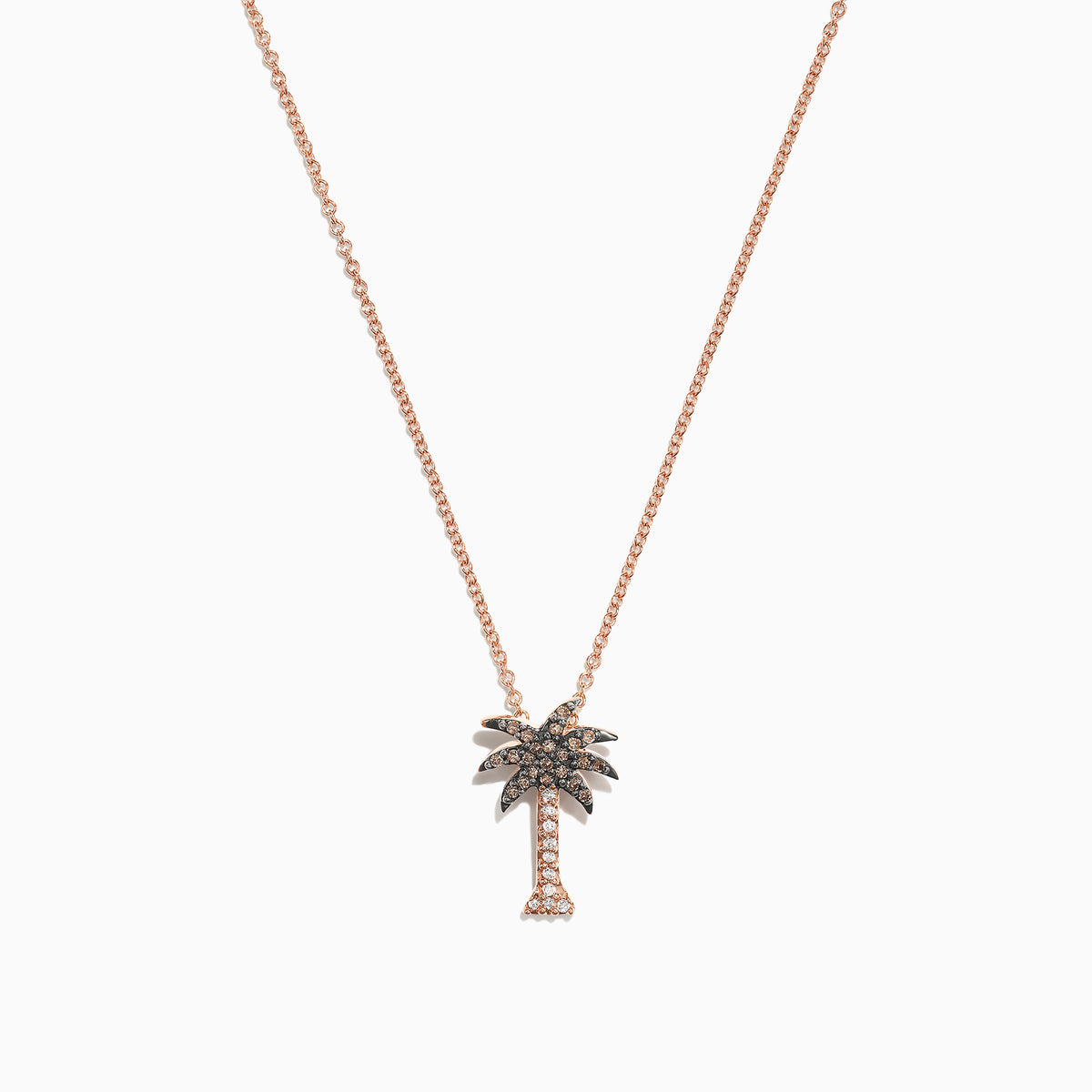 A Novelty 14K Rose Gold Diamond Palm Tree Pendant (0.10 TCW) necklace is shown on a delicate chain, with sparkling stones, displayed against a white background.